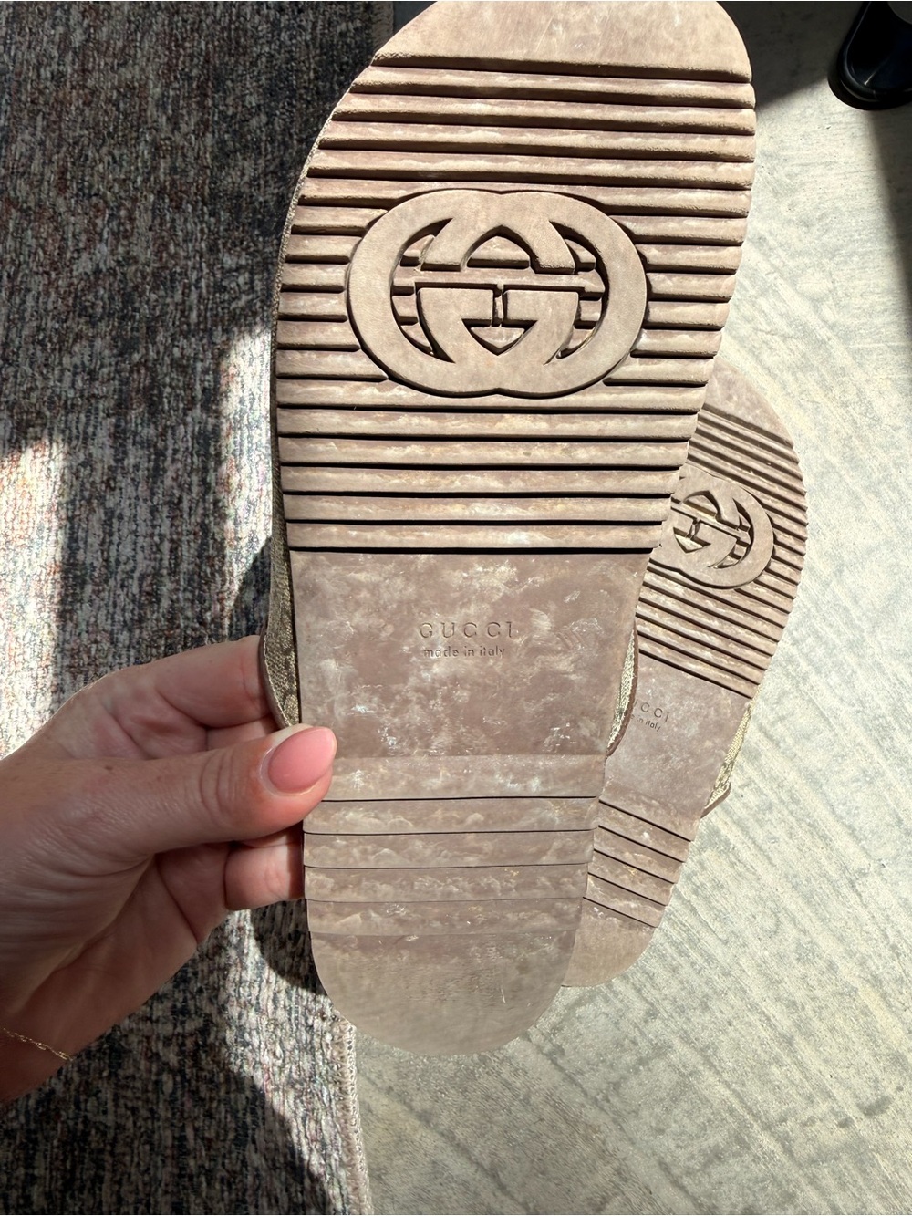 Gucci Beige GG Canvas Horsebit Slides with Brown Trim - Picture 5 of 6